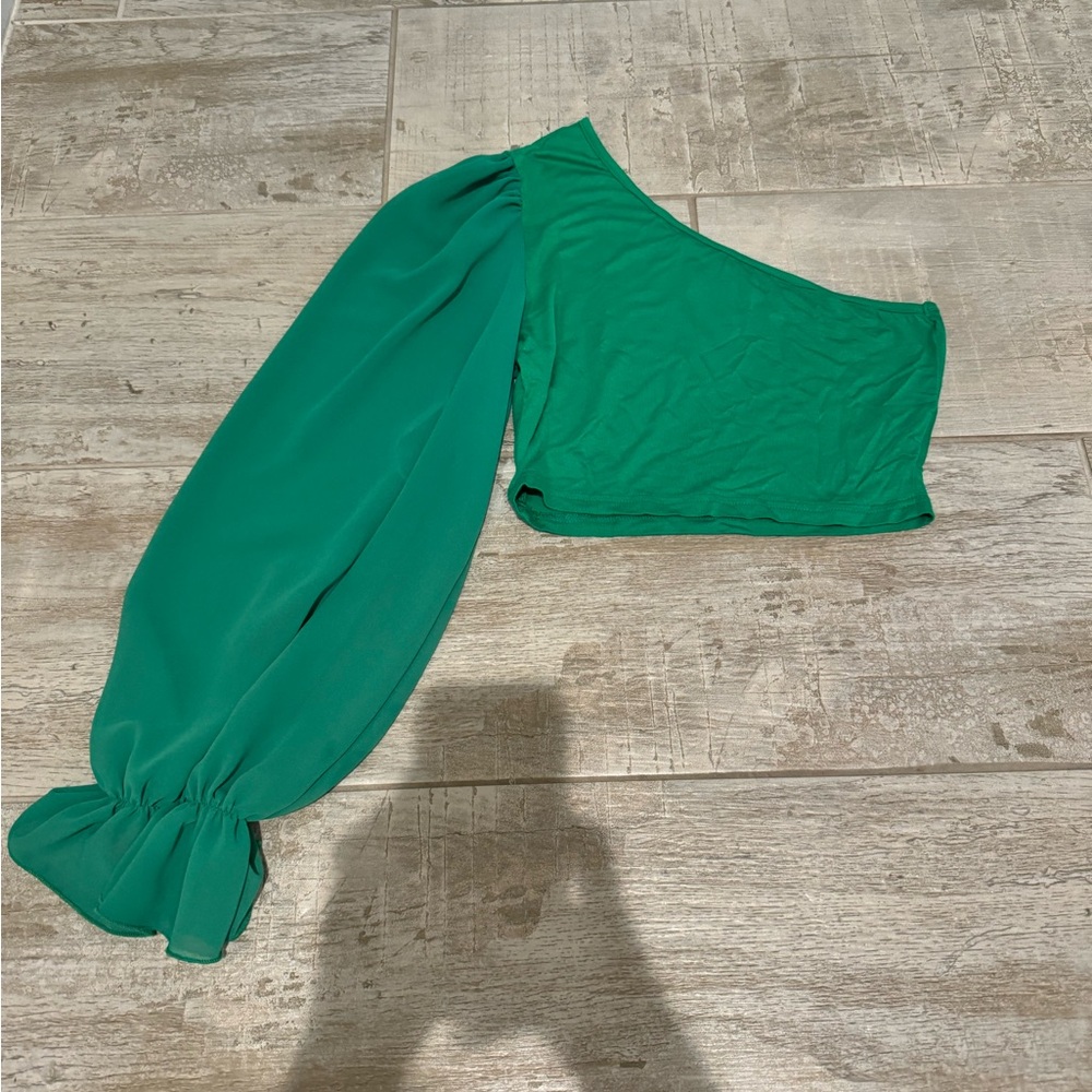 Asymmetrical One Sleeve Green Cropped Blouse Size Small